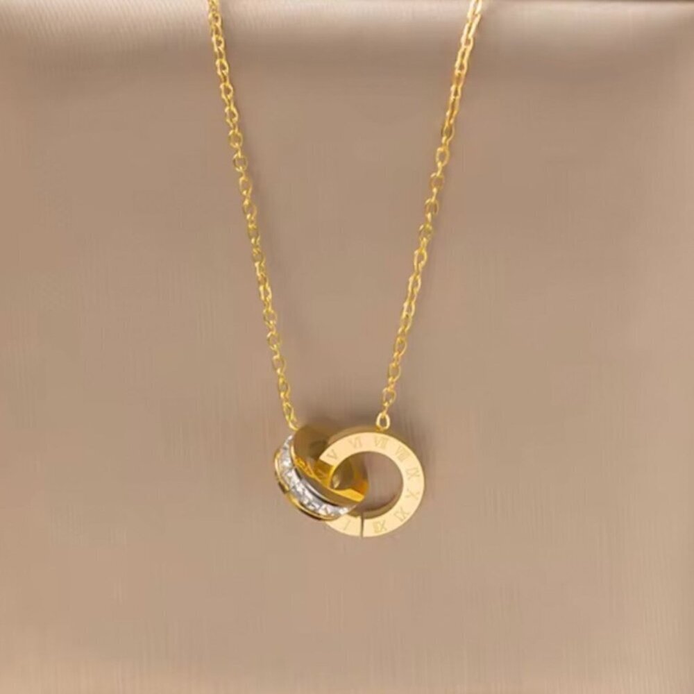 Roman Numeral 18k Gold Plated Pendant Necklace Crystal Accents